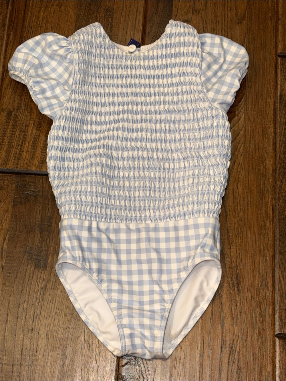 Minnow Smocked Gingham One-Piece Swimsuit in Light Blue & White. EUC. SIZE 5/6.